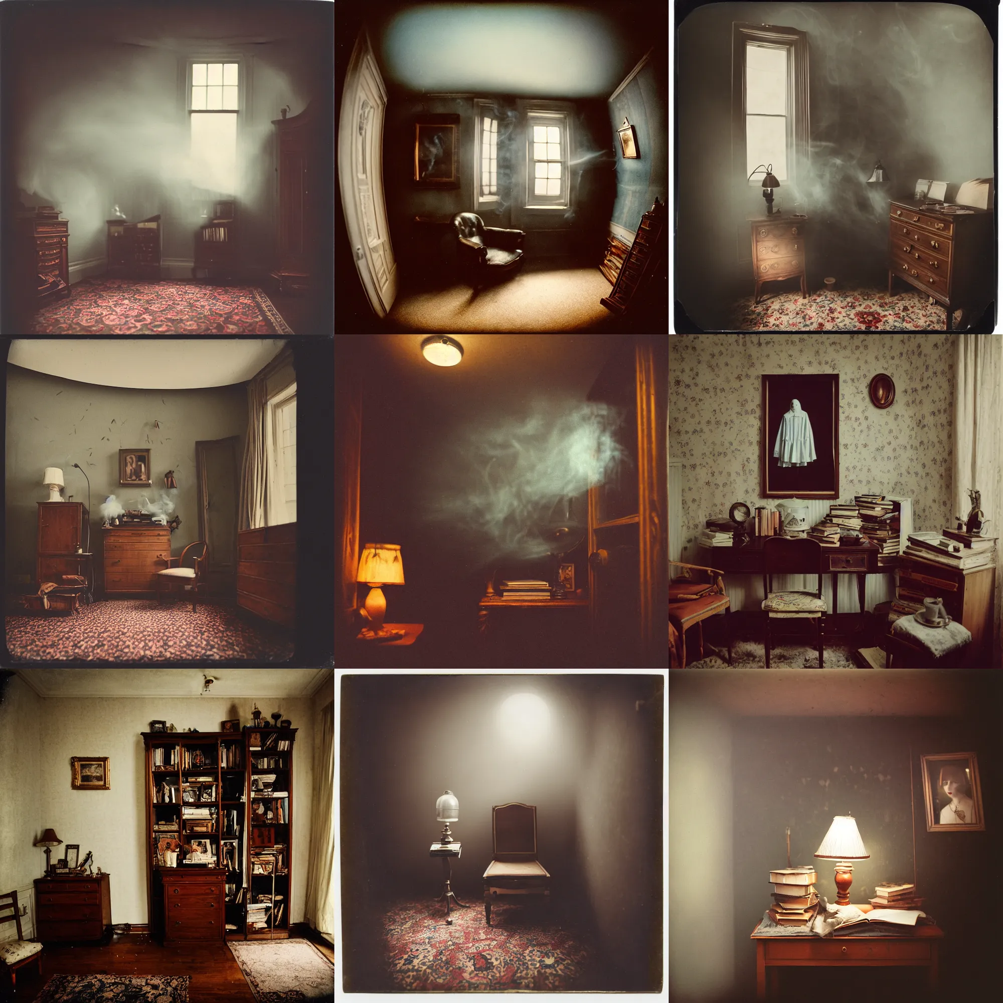 Prompt: kodak portra 4 0 0, wetplate, 8 mm extreme fisheye, award - winning portrait by britt marling, a person in a 1 9 2 0 s room, ghost, picture frames, shining lamps, dust, smoke, 1 9 2 0 s furniture, wallpaper, carpet, books, muted colours, wood, fog,