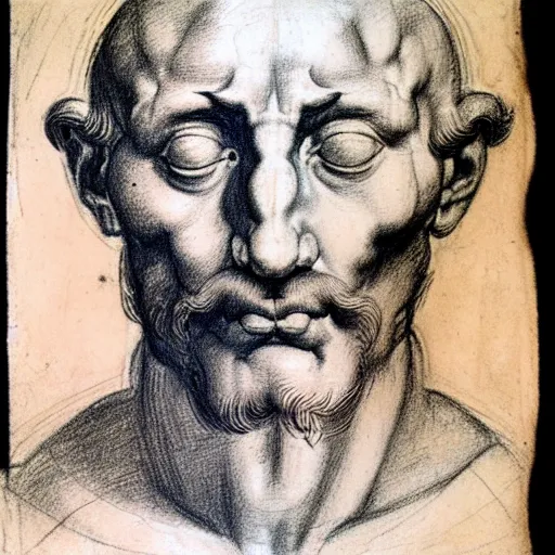 Image similar to unfinished study of mans face. michelangelo, early sixteenth century. red chalk on paper.