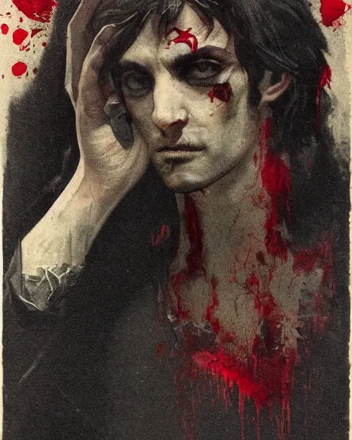 Prompt: a handsome but sinister and creepy man in layers of fear, with haunted eyes, violence in his eyes, 1 9 7 0 s, seventies, delicate embellishments, a little blood, crimson, painterly, offset printing technique, by alexandre cabanel