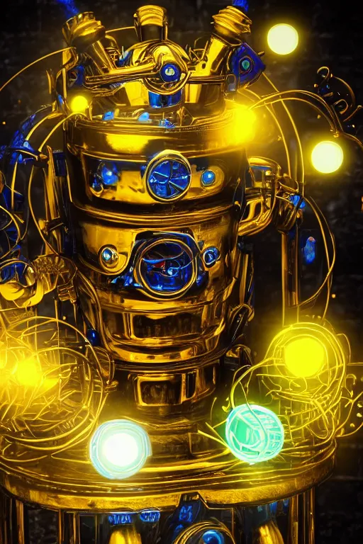 Image similar to portrait photo of a giant golden and blue metal steampunk kitchen robot cook chef with gears and tubes, eyes are green lights, shiny crisp finish, 3 d render, 8 k, insaneley detailed, fluorescent colors, background is multicolored lasershow