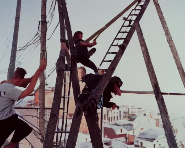 Image similar to lomo photo of roofjumpers climbing on roof of soviet hrushevka, small town, cinestill, bokeh, out of focus