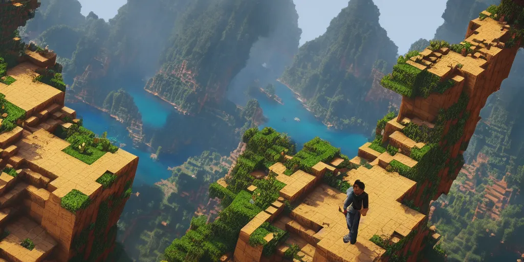 Image similar to uncharted remake minecraft, Moebius, Greg Rutkowski, Zabrocki, Karlkka, Jayison Devadas, Phuoc Quan, trending on Artstation, 8K, ultra wide angle, zenith view, pincushion lens effect