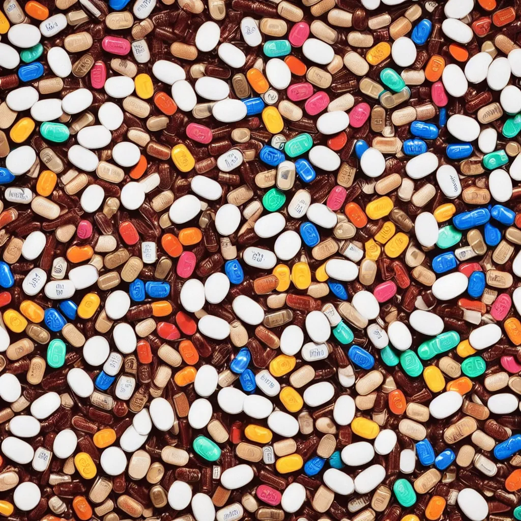 Prompt: close-up view of medicine pills on top of a wooden table, 8k, high detail, photorealistic, proper shading