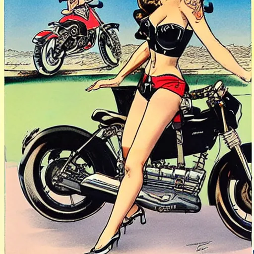 Image similar to a pin up riding a touring motorcycle, by milo manara