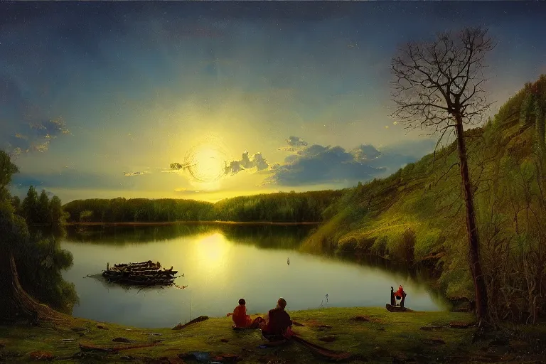 Image similar to fork lake, painted by darrell k. sweet and edd cartier, trending on artstation, moon light fish eye illustrator, bokeh, magic realism, dutch golden age, expressionism