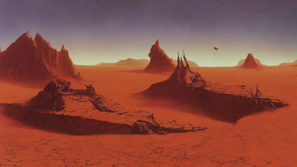 Image similar to emissary space by arthur haas and bruce pennington and john schoenherr, cinematic matte painting, photo realism, dark color palate, desert mars