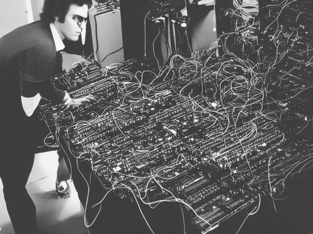 Image similar to 1980s photograph of a man made of 80s modular synthesizers