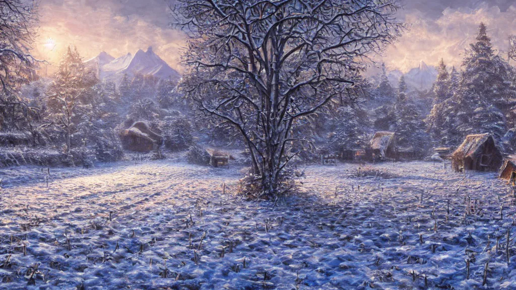 Image similar to a highly detailed, realistic oil painting of Hyrule Field in Winter, snow, intricate, 8k highly professionally detailed, HDR