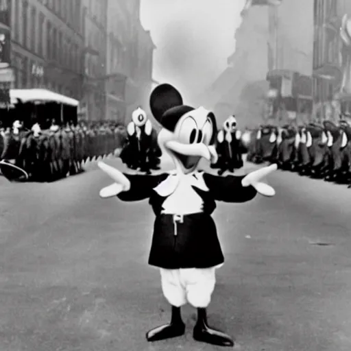 Image similar to historic colorized photograph of donald duck at a nazi parade in 1 9 3 6