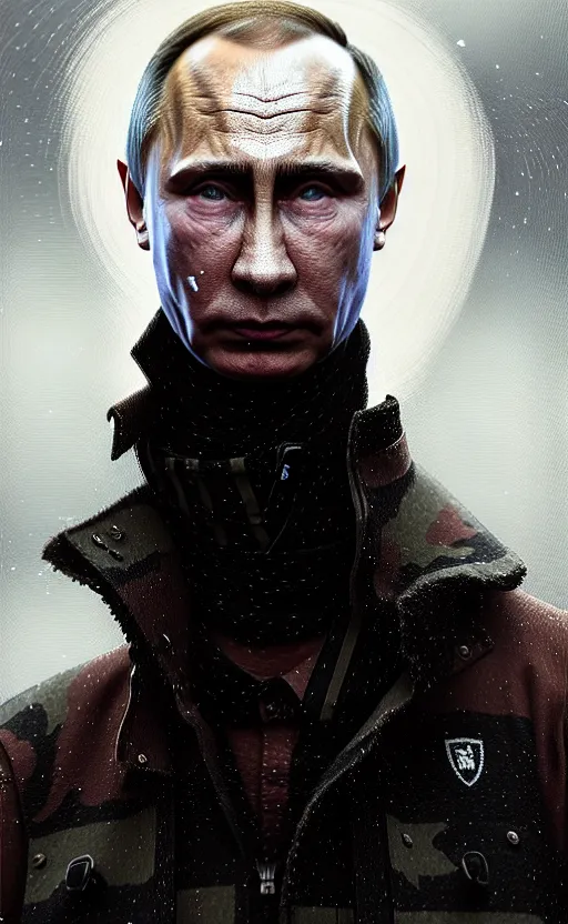 Image similar to detailed portrait of angry vladimir putin, volumetric light from below, merciless, cold, reflective military puffy coat with blood splats by ismail inceoglu dragan bibin hans thoma greg rutkowski alexandros pyromallis nekro rene maritte illustrated, perfect face, fine details, realistic shaded, fine - face, direct glaze