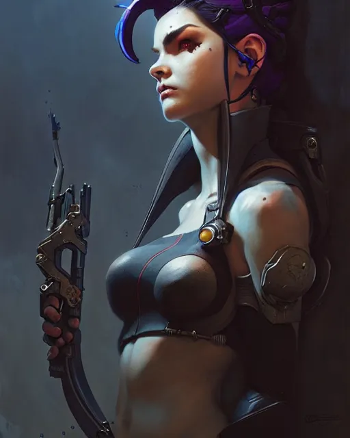 Image similar to widowmaker from overwatch, character portrait, concept art, intricate details, highly detailed by greg rutkowski, michael whelan and gustave dore