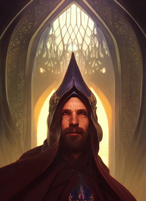 Prompt: portrait of a dangerous and evil wizard, solarpunk, baldurs gate! intricate, elegant, highly detailed, ray tracing, digital painting, artstation, concept art, smooth, sharp focus, illustration, art by artgerm and greg rutkowski and alphonse mucha, 8 k