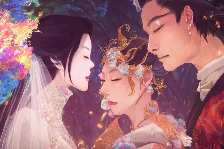 Image similar to a dreamlike portrait of wedding photograph close up moment of a divine a taiwan sun god and moon goddess lovers magician at a wedding banquet. portraiture. digital painting. artstation. concept art. fantasy wedding photo. digital painting, 8 k realistic, hyper detailed, by makoto shinkai and akihiko yoshida and hidari and wlop