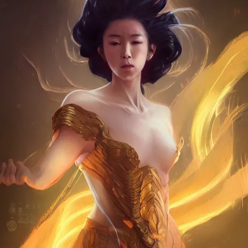 Prompt: female japanese lightning elemental, ghostly form, transparent, d & d, golden!!! palette, highly detailed, digital painting, artstation, concept art, sharp focus, illustration, cinematic lighting, art by artgerm and greg rutkowski and alphonse mucha