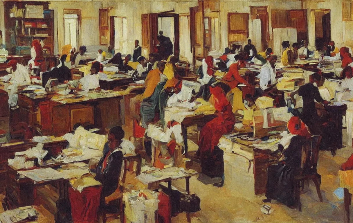 Prompt: colonial clerks working in busy office in lagos, 1905, highly colourful oil on canvas, by Abram Arkhipov