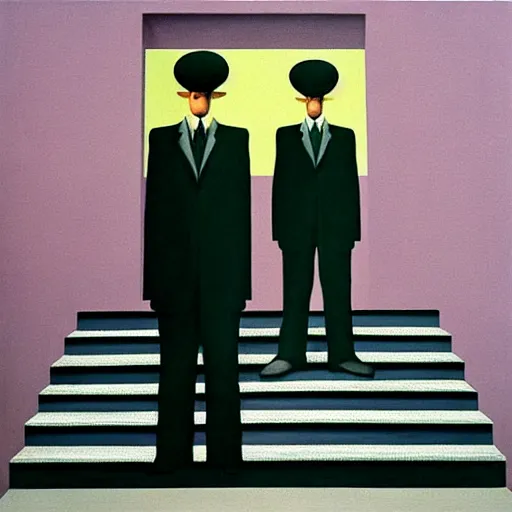 Prompt: “ painting by magritte and jeffrey smart, featuring stairs ”