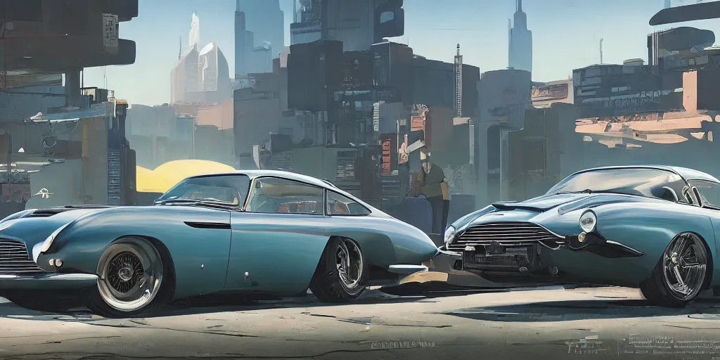 Image similar to art style by Ben Aronson and Edward Hopper and Syd Mead, wide shot view of the Cyberpunk 2077, on ground level. full view of the Aston Martin DB4 1958 with wide body kit modification and dark pearlescent holographic paint, has gullwing doors open.
