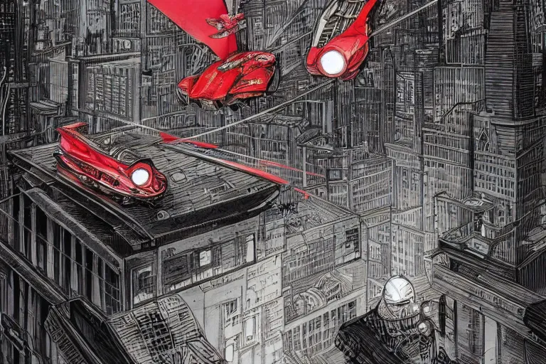 Prompt: A graphic novel illustration of a metallic armored flying car with streaks of red paint, soaring above a dense city, greebles, moody, grimy, sci-fi, by François Schuiten, Marvano, trending on Behance,