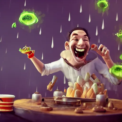 Prompt: a mad scientist laughing happily at the rain of food he managed to create , concept art, trending on artstation 3D.