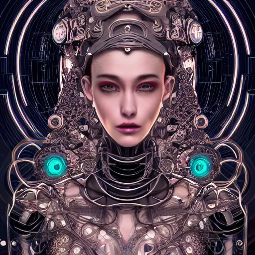 Prompt: the portrait of an absurdly graceful, sophisticated, fashionable ottomanpunk robotess idol, an ultrafine hyperdetailed illustration by kim jisu, intricate linework, neon wiring, electronics, porcelain skin, unreal engine 5 highly rendered, global illumination, radiant light, detailed and intricate environment, by rutkowski, artgerm, marvel comics