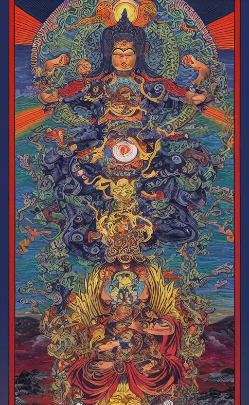 Prompt: Buddhist Tarot Card of Death and Rebirth, Dan Mumford Jeff Simpson Simon Bisley, Thangka