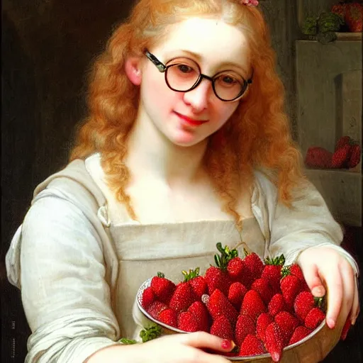 Prompt: A beautiful Blonde Woman with Locks and glasses selling strawberries in the style of Sophie Anderson, Portrait