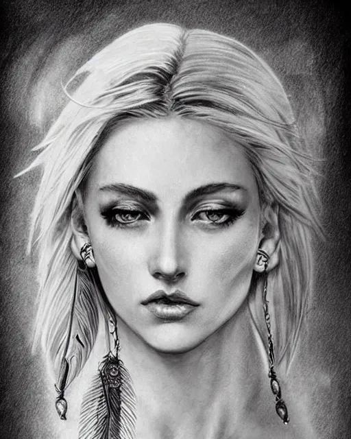 Image similar to tattoo sketch of beautiful greek goddess aphrodite with arrowhead earrings, beautiful feather jewelry, beautiful piercing eyes, flowing blonde hair, realistic face, hyper realistic, in the style of greg rutkowski, fantasy, amazing detail, epic, elegant, smooth, sharp focus, from the front