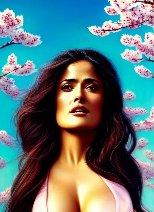 Image similar to photo of a gorgeous salma hayek in the style of stefan kostic, realistic, body shot, sharp focus, 8 k high definition, insanely detailed, intricate, elegant, art by stanley lau and artgerm, cherry blossoms