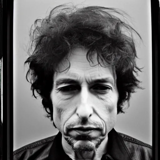 Image similar to Mugshot Portrait of Bob Dylan, taken in the 1970s, photo taken on a 1970s polaroid camera, grainy, real life, hyperrealistic, ultra realistic, realistic, highly detailed, epic, HD quality, 8k resolution, body and headshot, film still, front facing, front view, headshot and bodyshot, detailed face, very detailed face