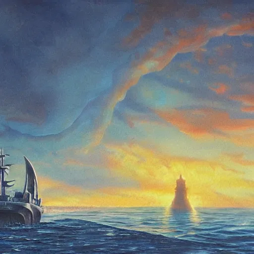 Prompt: a ship off the shore of a beautiful coast with a distant ominous biopunk tower filled with evil technology glowing in the distance, painting by John Berkley