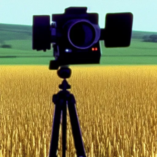 Image similar to wide view of an alien tripod walking in a field, aiming its laser at nearby peasants, 90s VHS TV still