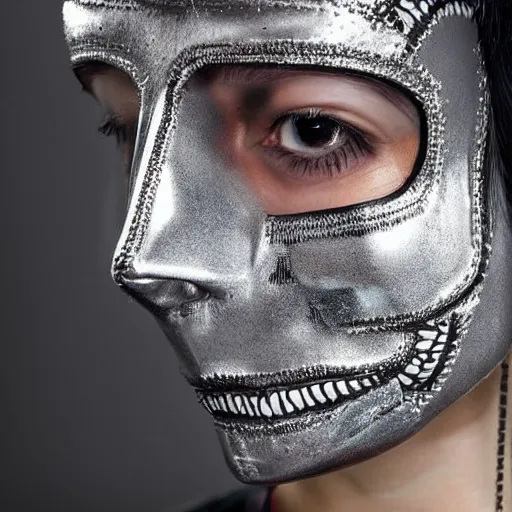 Image similar to very cool girl brilliant silver hair girl wearing a silver sugar skull mask techwear cyberpunk style outfit full body nose piercing detailed portrait intricate comp