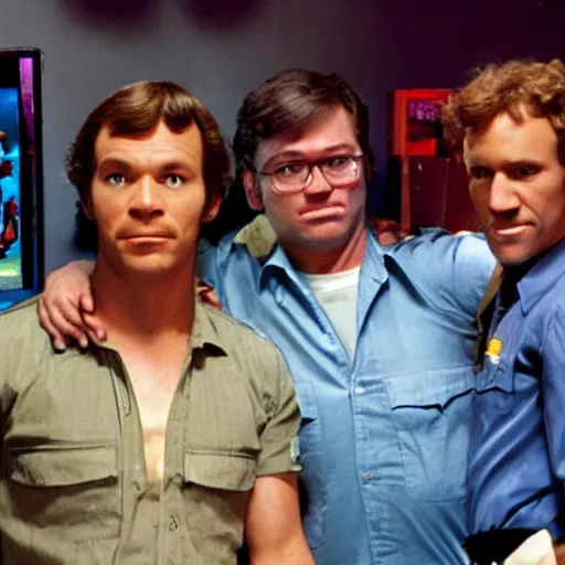 Prompt: a still from the movie boogie nights crossover with the game team fortress 2