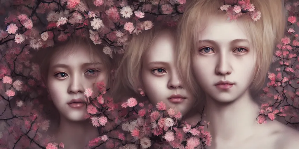 Image similar to breathtaking detailed concept art painting pattern of blonde short hair faces weird girls with anxious piercing eyes and blend of flowers, by hsiao - ron cheng, bizarre compositions, exquisite detail, extremely moody lighting, 8 k