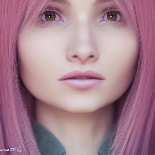 Image similar to A portrait of Nikki from Shining Nikki, a 3d cgi toon young woman with long pink hair, full bangs, amber eyes, pale smooth skin, Chinese, medium shot, mid-shot, soft focus, 4k, trending on artstation