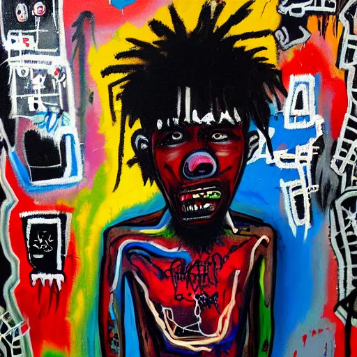 Prompt: detailed neo expressionism chaotic oil painting of sad boy rapper depressed with tattoos by basquiat