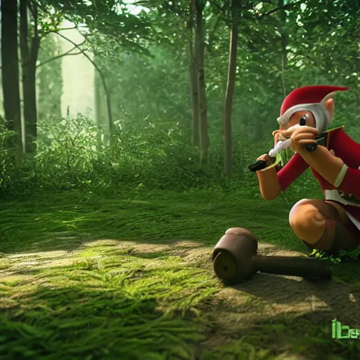 Image similar to 3d render of an elf smoking pipe weed in a dense forest. Unreal engine, nvidia, extremely detailed, sharp