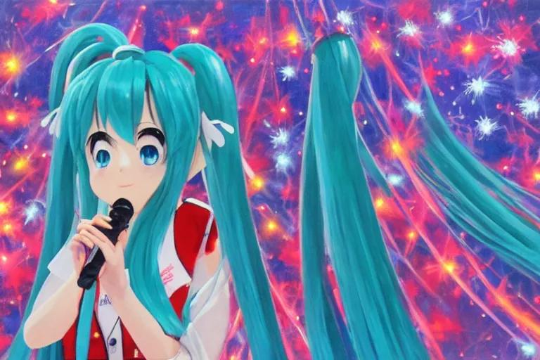 Prompt: hatsune miku singing for the whole world, fireworks at the greatest festival of all time, oil on canvas