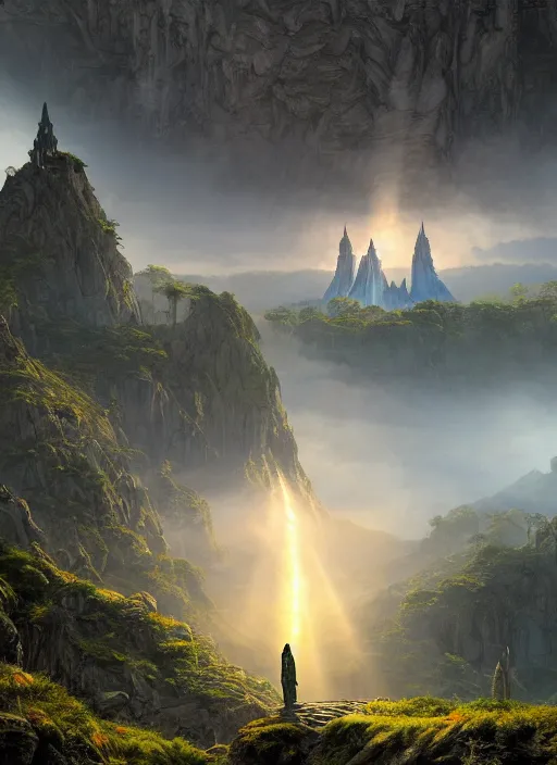 Prompt: a cosmic monk in lord of the rings scenery landscape, looking out at a gigantic temple made of alien architecture, lush valley, sunrise, god's rays, highly detailed, vivid color, cinematic lighting, perfect composition, 8 k, gustave dore, derek zabrocki, greg rutkowski, belsinski, octane render