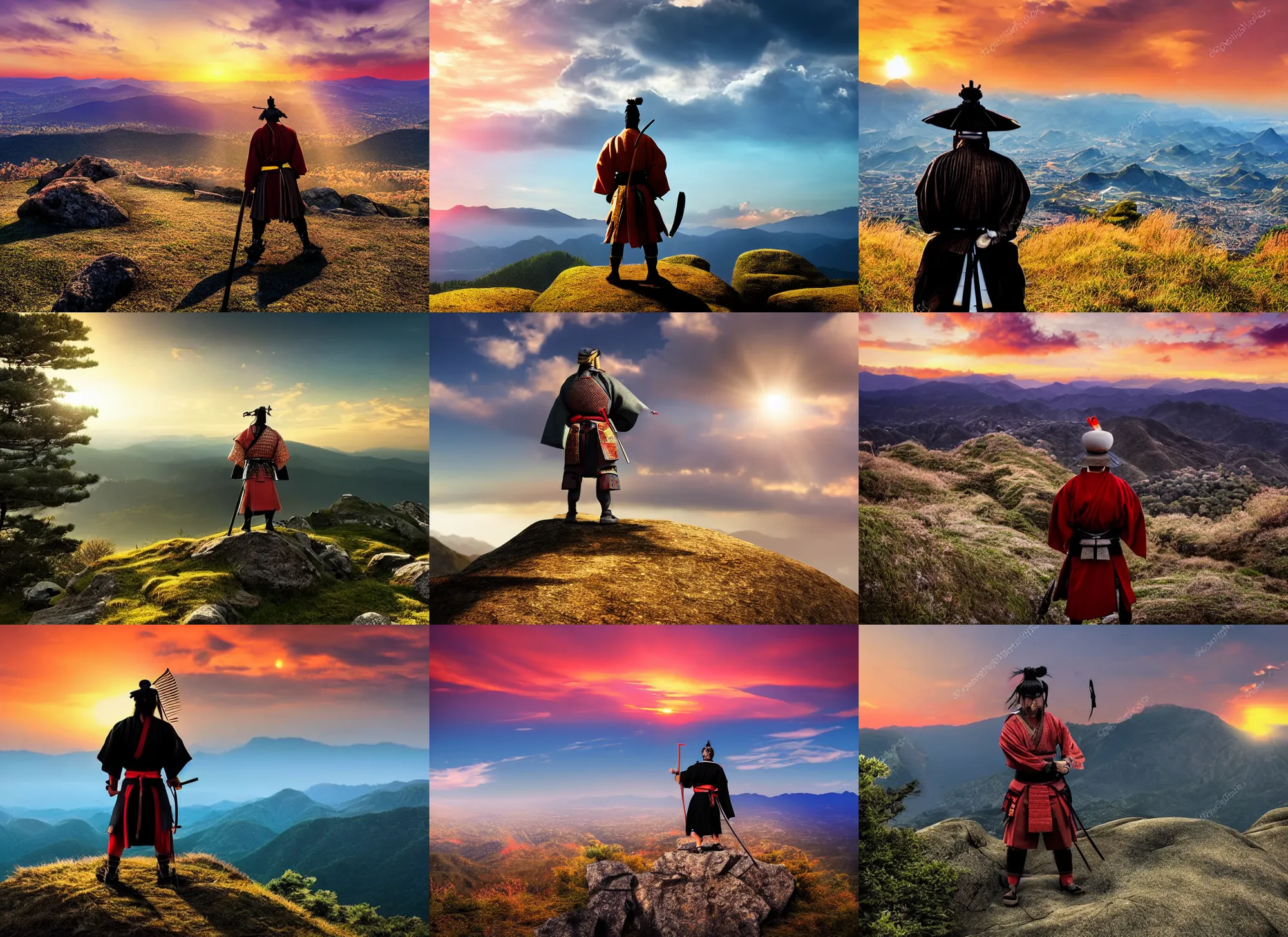 Prompt: samurai standing at the top of a mountain, sun setting, visible wind, ultrarealistic