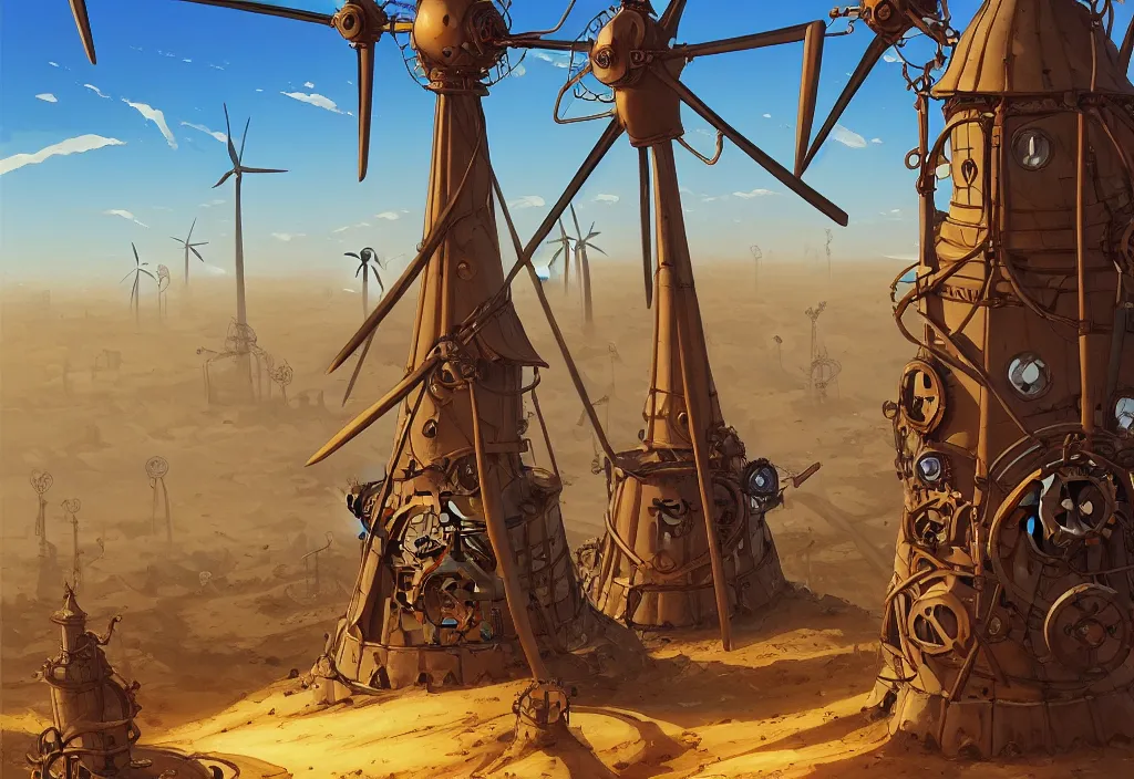 Image similar to steampunk windmills in the desert with chubby vines in the foreground, intricate oil painting, high detail illustration, sharp high detail, manga and anime 1 9 9 9, official fanart behance hd artstation by jesper ejsing and makoto shinkai, 4 k,