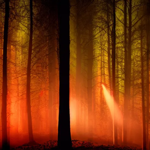 Image similar to dark forest night lights dim red volumetric rendering rave
