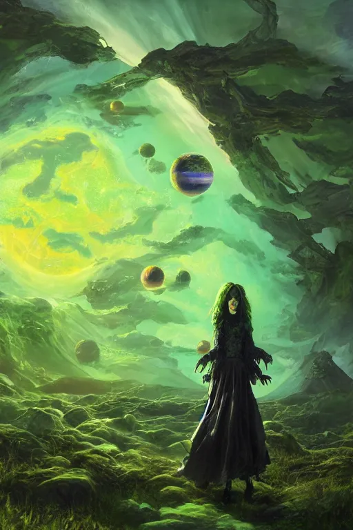 Prompt: a very oil painting of A Green Witch and her home planet, highly detailed, hyper realistic, volumetric lighting