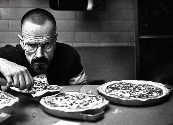 Image similar to portrait of walter white eating pizza at chuck - e - cheese with sloppy cheesy sauce getting slopped up all over the place, dramatic lighting, moody film still from breaking bad ( 2 0 1 1 ), 3 5 mm kodak color stock, 2 4 mm lens, directed by rian johnson, ecktochrome