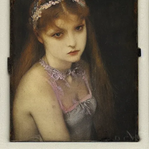 Prompt: a beautiful young lady with huge bright silver eyes, colored vintage daguerreotype by pontormo, by gustave moreau, by Mackintosh, art noveau, highly detailed, strong lights, liminal, eerie, Bright pastel colors