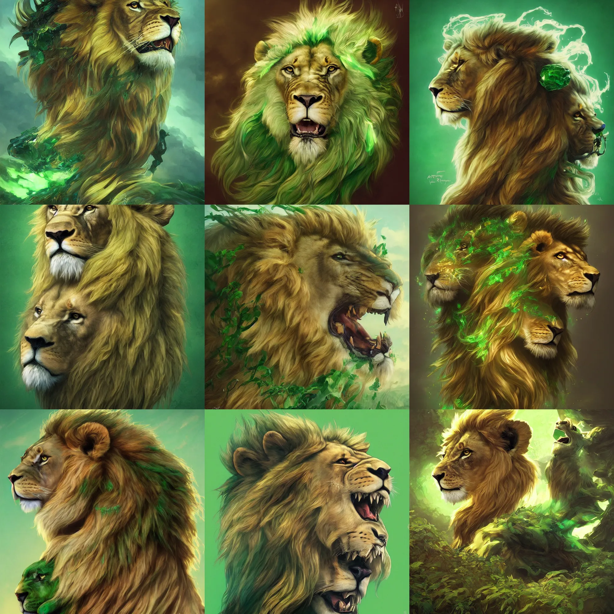 Prompt: ultra realistic illustration, fantasy lion head against a green back for chroma key by artgerm and greg rutkowski and alphonse mucha, constant green background, trending on artstation