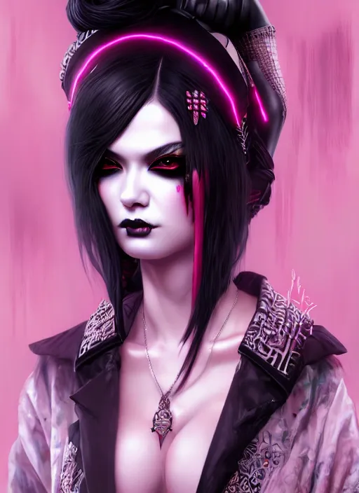 Image similar to soft lustrous ebony geisha seductive raver yakuza gothic gutter punk, urban decay dark fantasy, dark art, highly detailed, digital painting, octane render, artstation, concept art, smooth, sharp focus, illustration, art by artgerm, loish, wlop