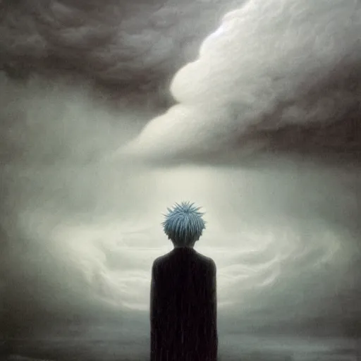 Image similar to killua zoldyck made by zdzisław beksinski, thunderstorm, 8 k, detailed, cinematic, rain, crying, black