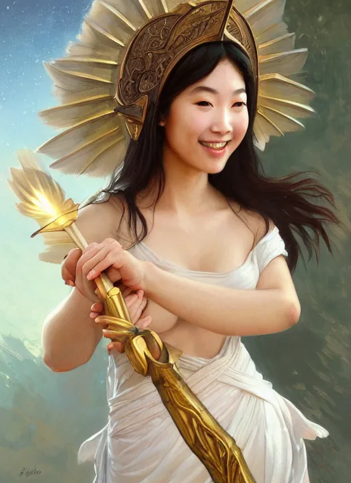 Image similar to Close-up portrait of smiling young asian woman wearing a winged helmet and bare shoulders, holding a magic staff, portrait, highly detailed, digital painting, artstation, concept art, sharp focus, illustration, art by artgerm and greg rutkowski and alphonse mucha