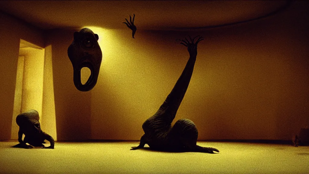 Image similar to a strange creature crawls on the living room ceiling, film still from the movie directed by Denis Villeneuve with art direction by Zdzisław Beksiński, wide lens